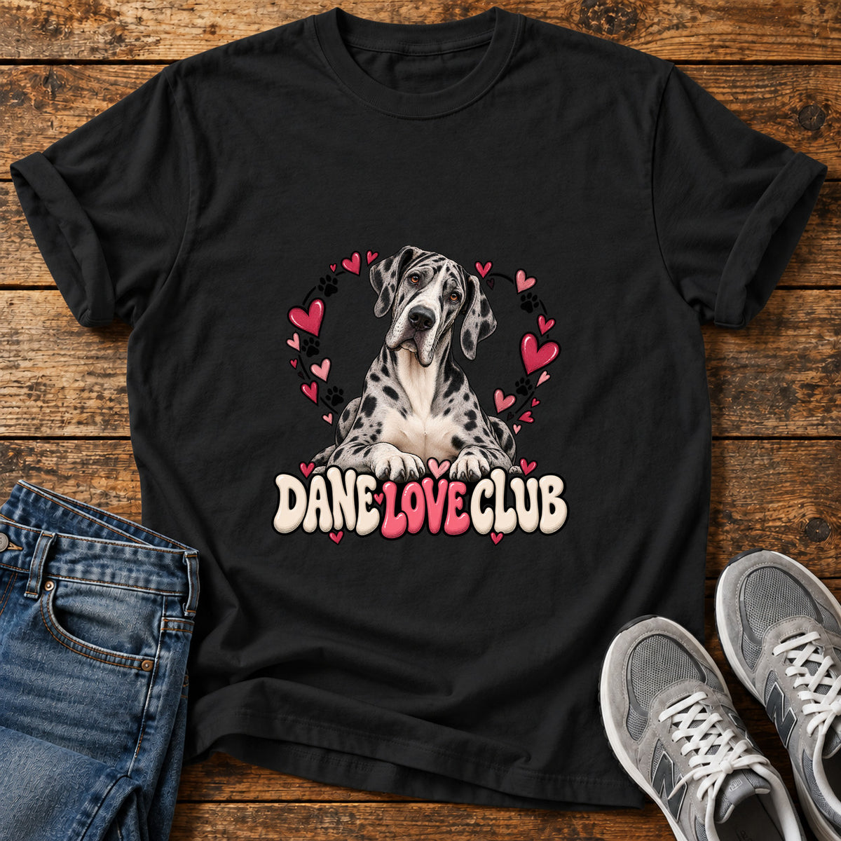 Dane Love Club Great Dane graphic T-shirt in Black, shown on a flat-lay shirt mockup