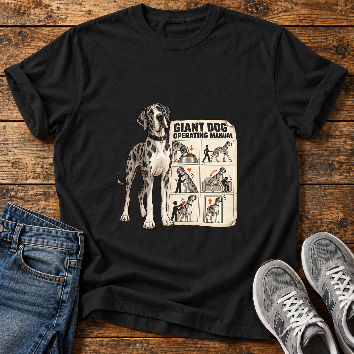 Giant Dog Guide Great Dane graphic T-shirt in Black, shown on a flat-lay shirt mockup