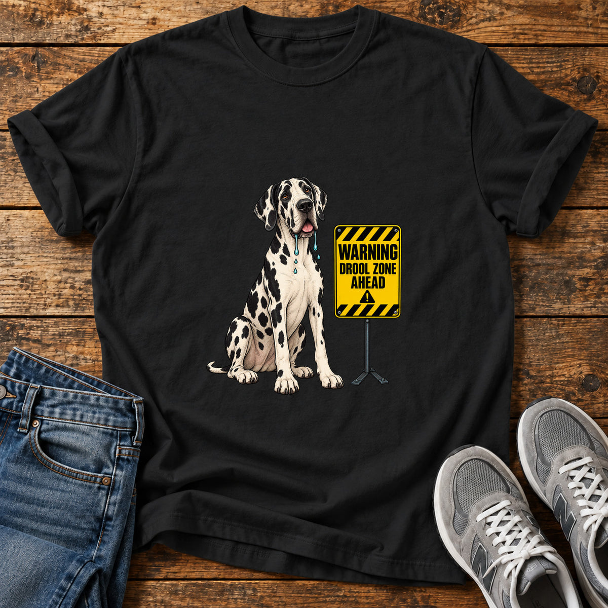 Drool Zone Warning Great Dane graphic T-shirt in Black, shown on a flat-lay shirt mockup