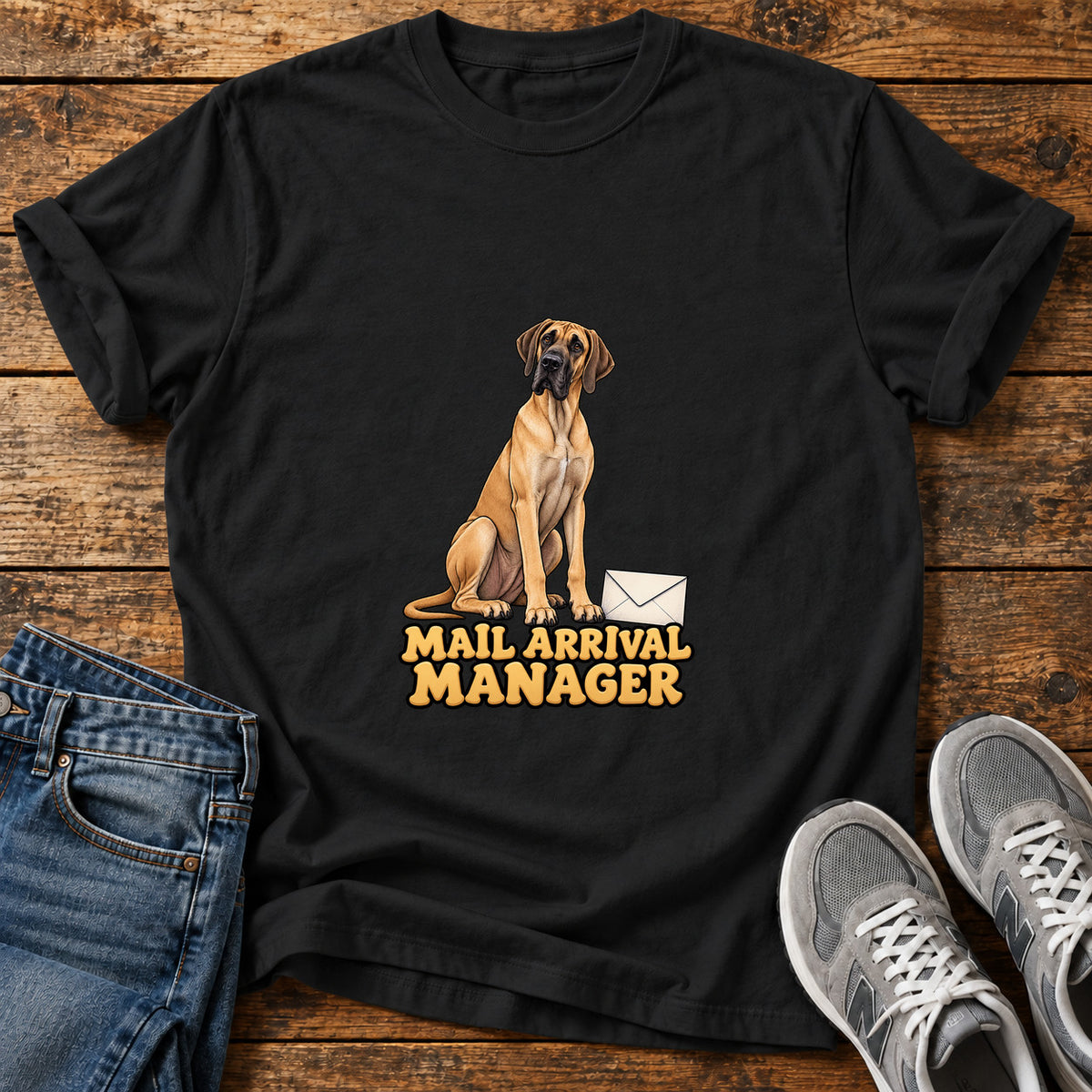 Mail Arrival Manager Great Dane graphic T-shirt in Black, shown on a flat-lay shirt mockup