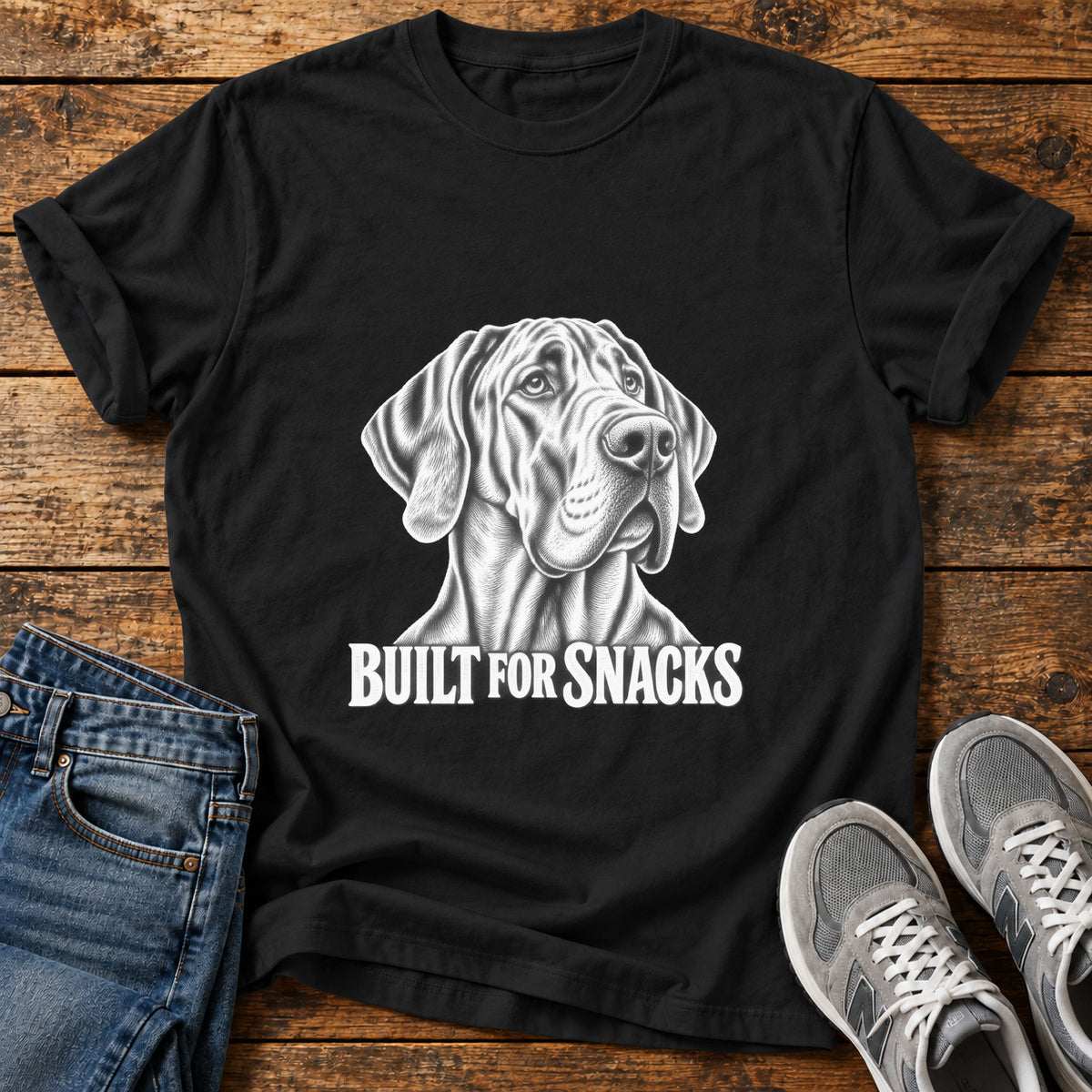 Built For Snacks Great Dane graphic T-shirt in Black, shown on a flat-lay shirt mockup