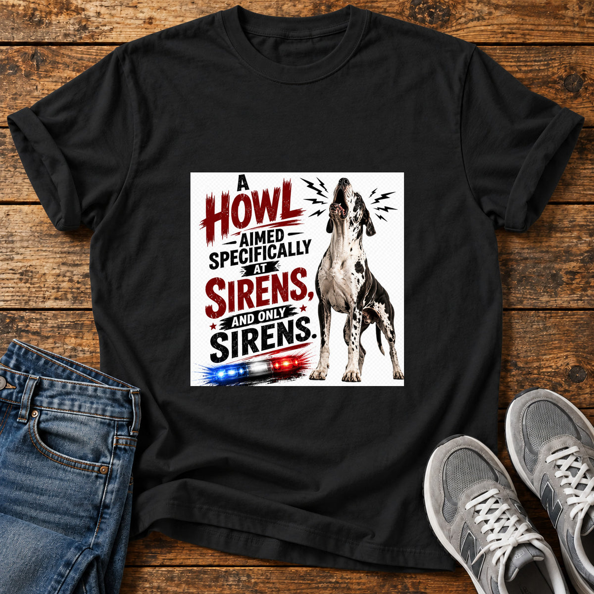 Howl At Sirens Great Dane graphic T-shirt in Black, shown on a flat-lay shirt mockup