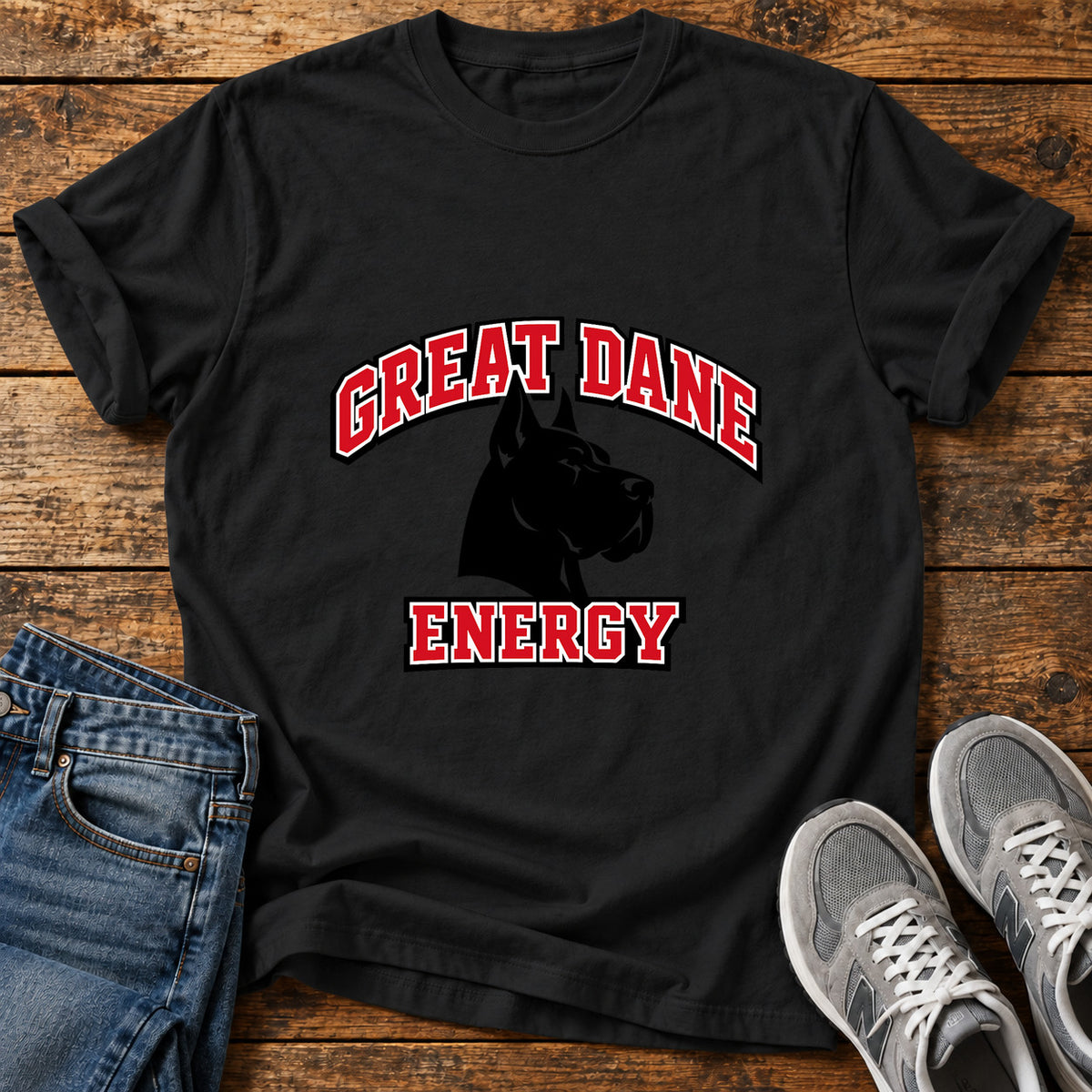 Great Dane Energy graphic T-shirt in Black, shown on a flat-lay shirt mockup