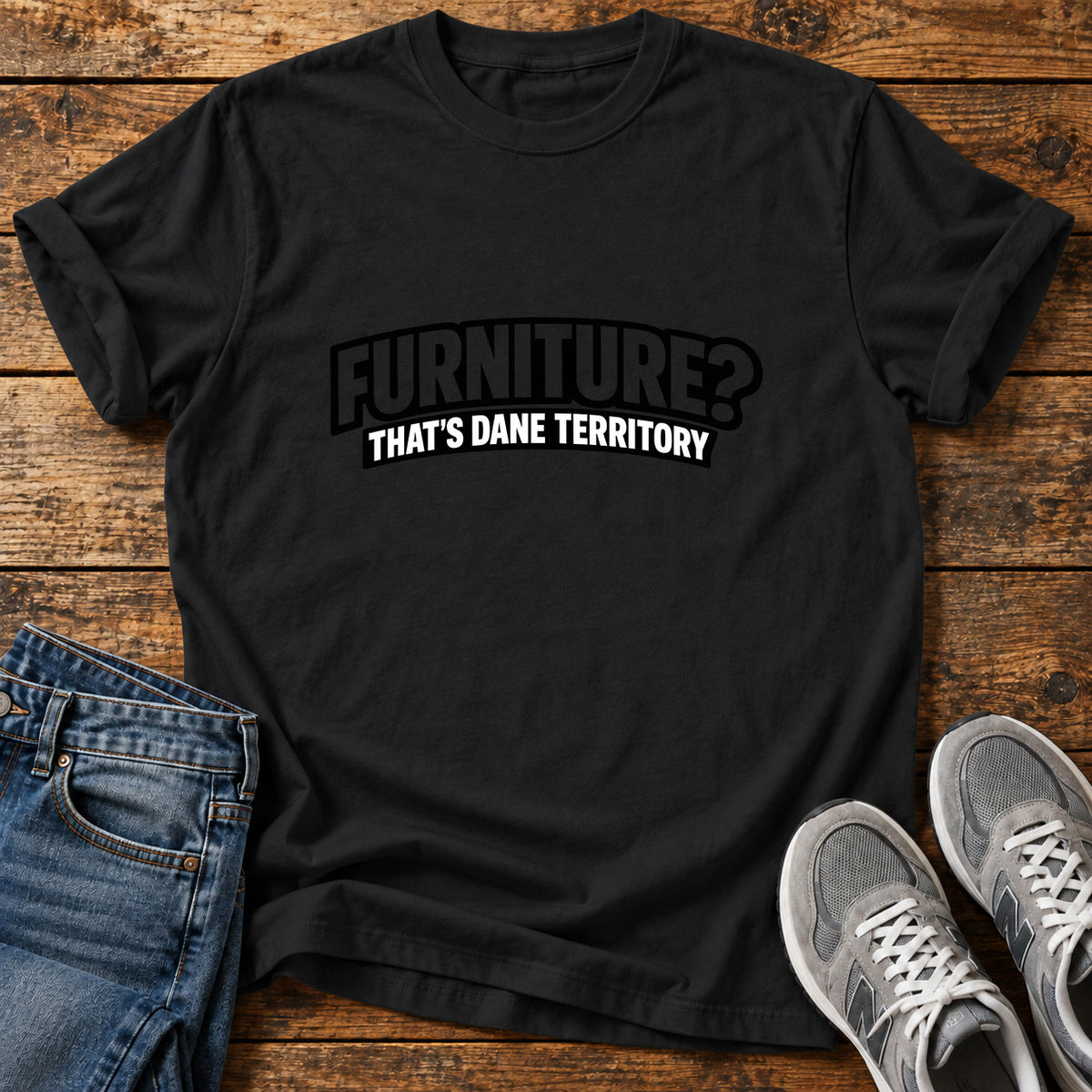 Furniture Dane Territory Great Dane graphic T-shirt in Black, shown on a flat-lay shirt mockup