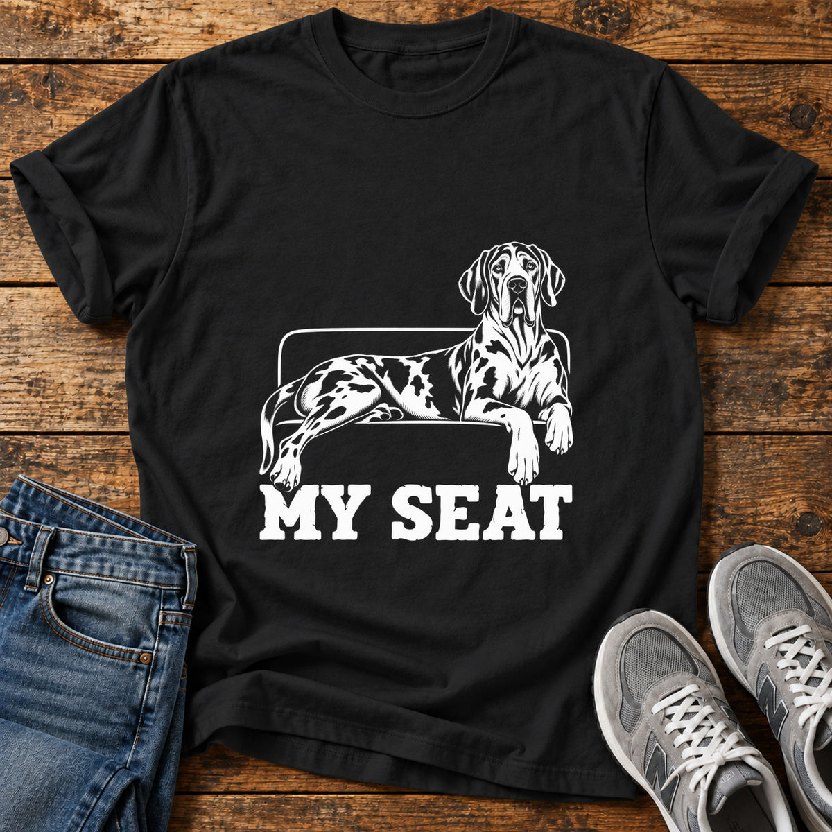 My Seat Great Dane graphic T-shirt in Black, shown on a flat-lay shirt mockup