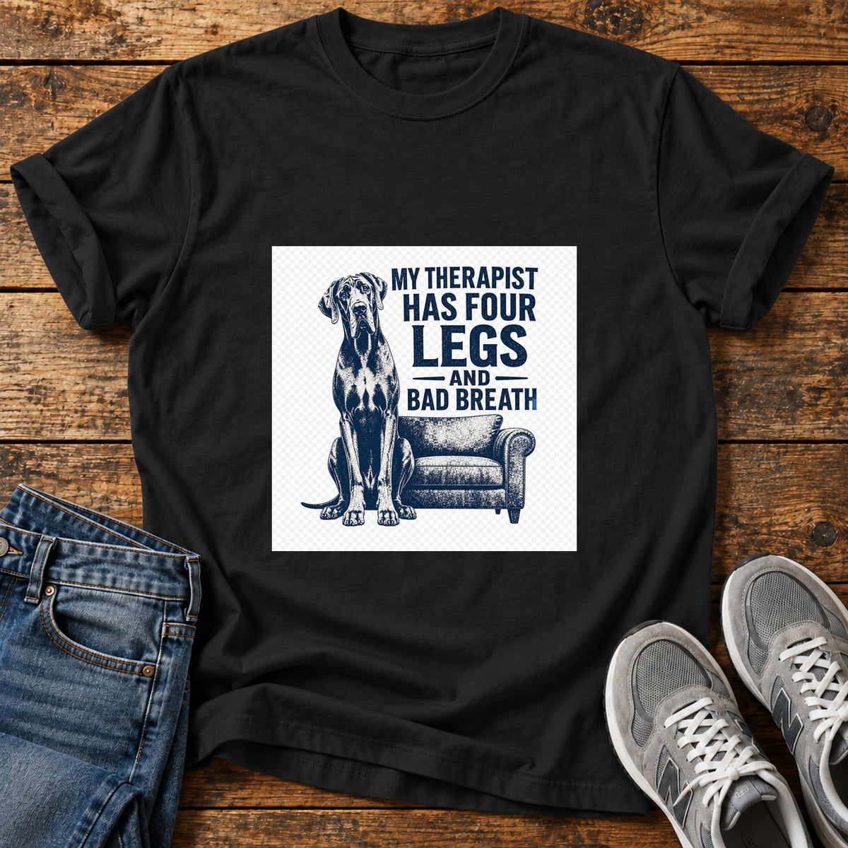 Four Leg Therapist Great Dane graphic T-shirt in Black, shown on a flat-lay shirt mockup