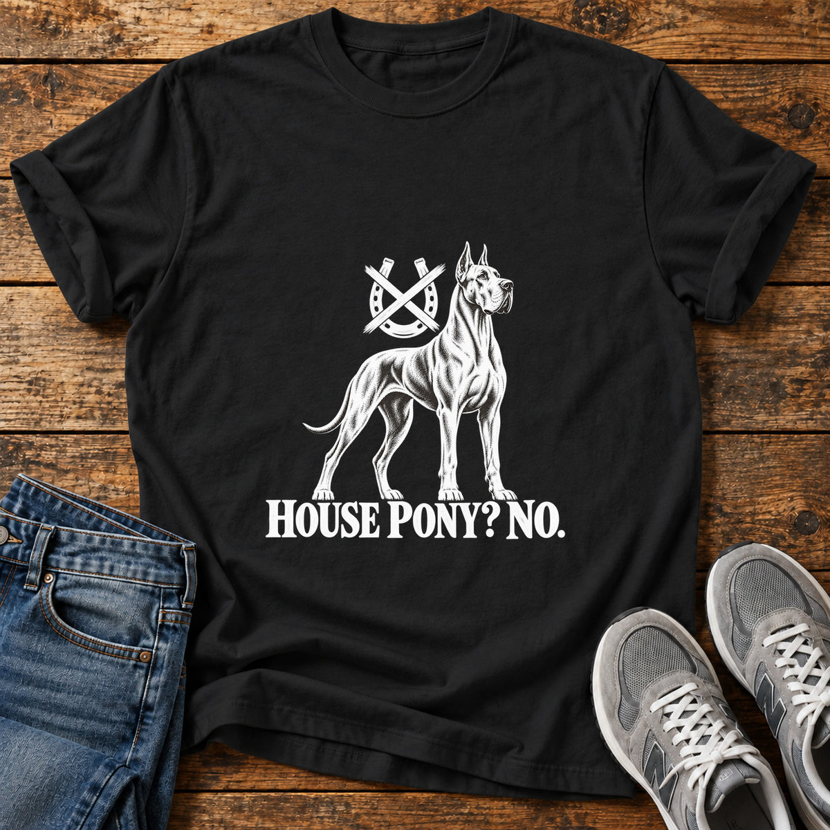 House Pony No Great Dane graphic T-shirt in Black, shown on a flat-lay shirt mockup