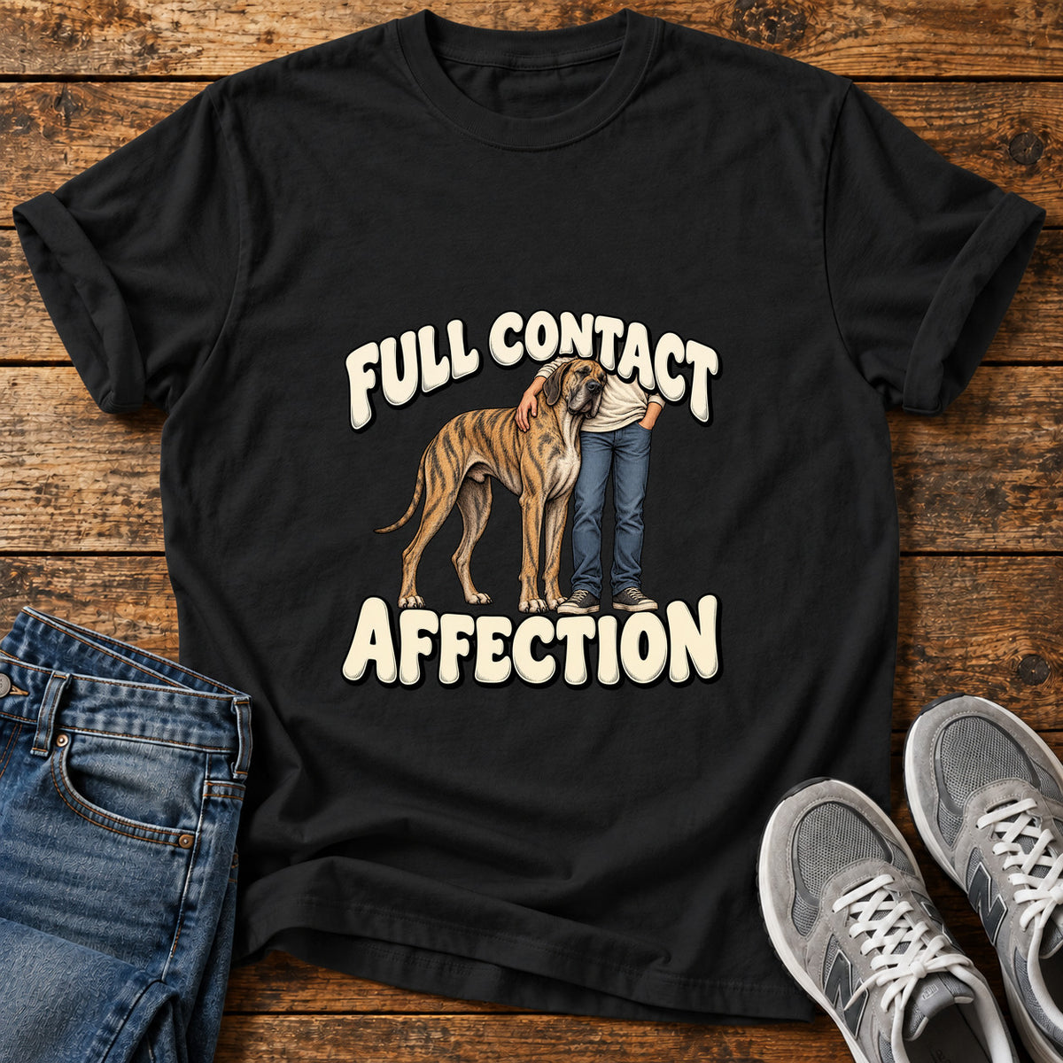 Full Contact Affection Great Dane graphic T-shirt in Black, shown on a flat-lay shirt mockup