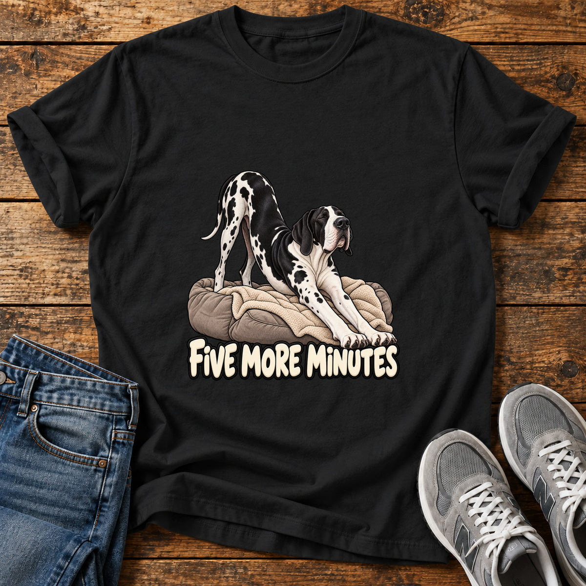 Five More Minutes Great Dane graphic T-shirt in Black, shown on a flat-lay shirt mockup