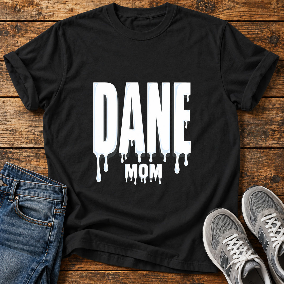 Dane Mom Great Dane graphic T-shirt in Black, shown on a flat-lay shirt mockup