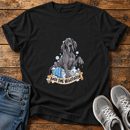 Bath Time Negotiator Great Dane graphic T-shirt in Black, shown on a flat-lay shirt mockup
