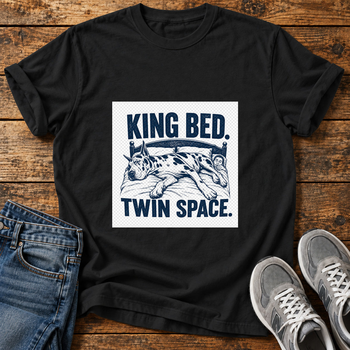 King Bed Great Dane graphic T-shirt in Black, shown on a flat-lay shirt mockup
