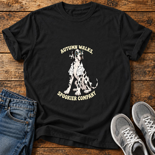 Autumn Spookier Company Great Dane graphic T-shirt in Black, shown on a flat-lay shirt mockup