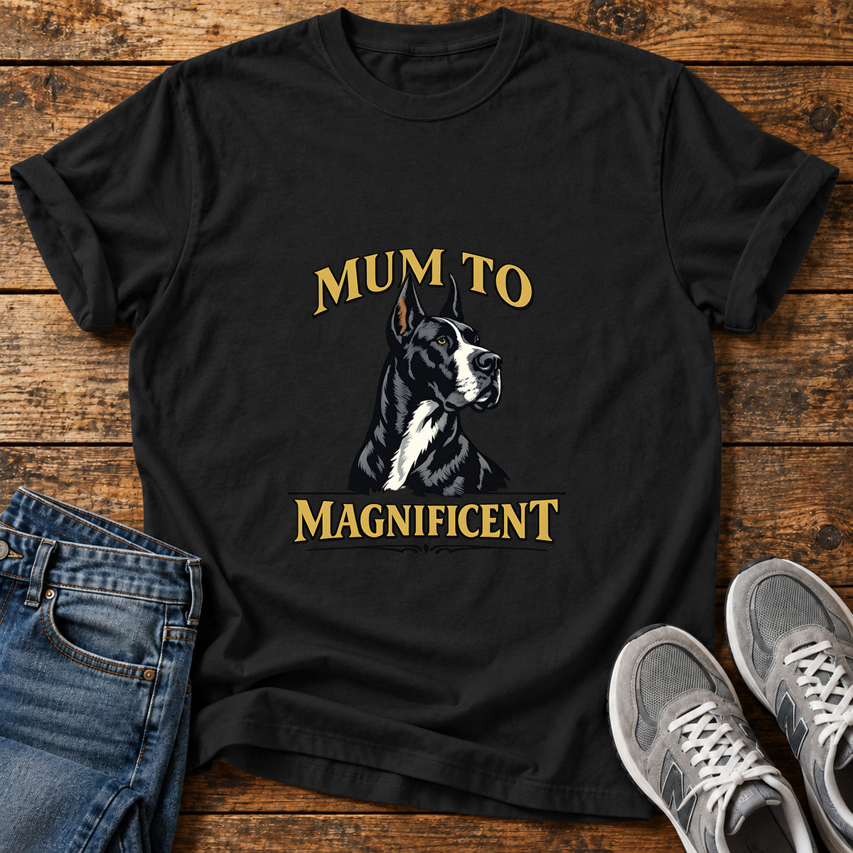 Mum To Magnificent Great Dane graphic T-shirt in Black, shown on a flat-lay shirt mockup