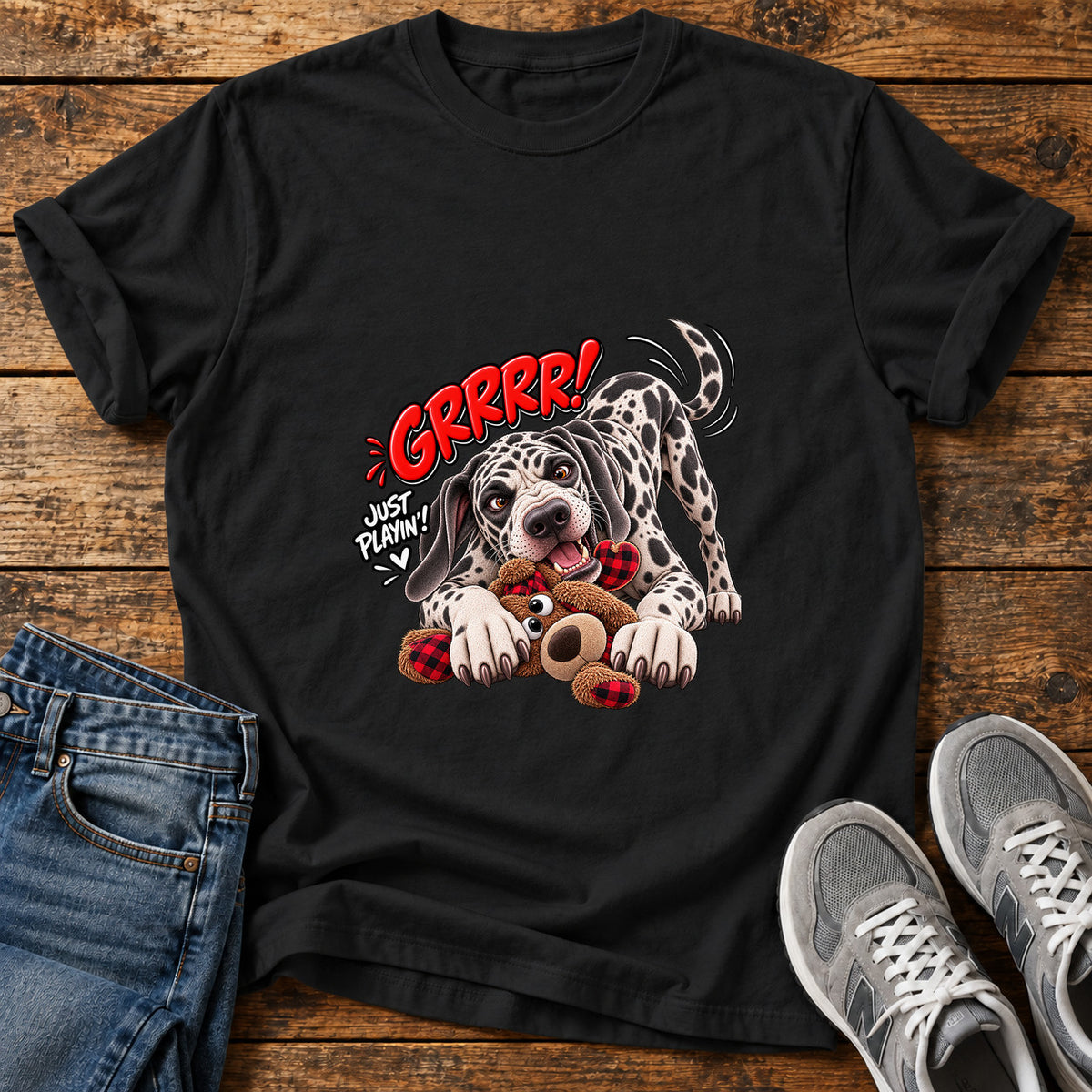 Grrr Just Playin Great Dane graphic T-shirt in Black, shown on a flat-lay shirt mockup