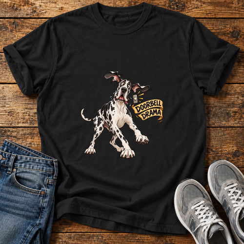 Doorbell Drama Great Dane graphic T-shirt in Black, shown on a flat-lay shirt mockup