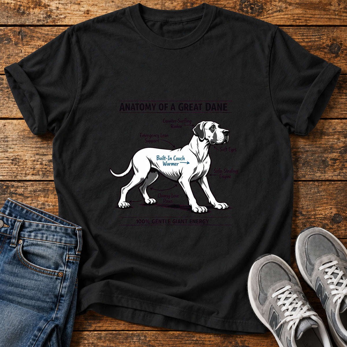 Gentle Giant Energy Great Dane graphic T-shirt in Black, shown on a flat-lay shirt mockup