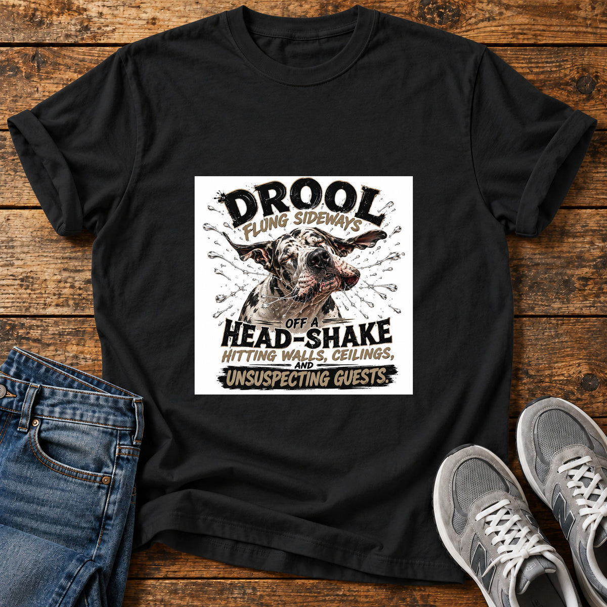 Drool Head-Shake Great Dane graphic T-shirt in Black, shown on a flat-lay shirt mockup
