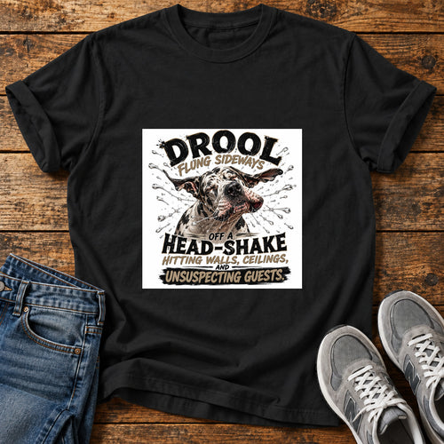 Drool Head-Shake Great Dane graphic T-shirt in Black, shown on a flat-lay shirt mockup