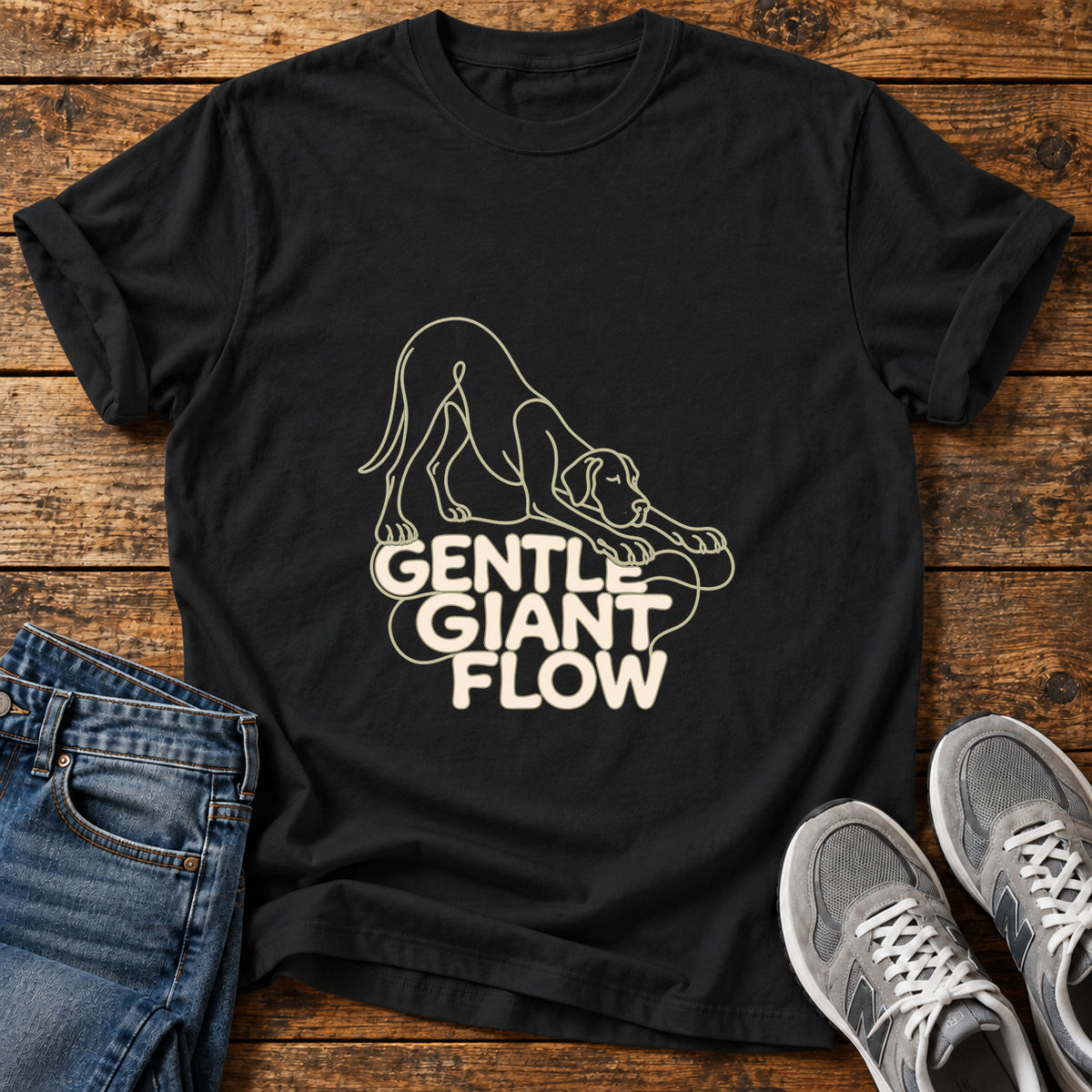 Gentle Giant Flow Great Dane graphic T-shirt in Black, shown on a flat-lay shirt mockup