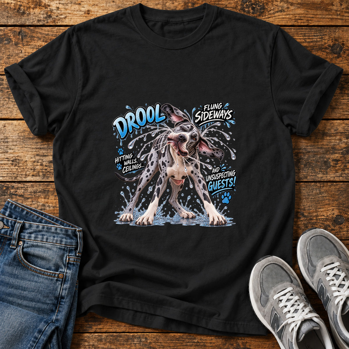 Drool Sideways Great Dane graphic T-shirt in Black, shown on a flat-lay shirt mockup