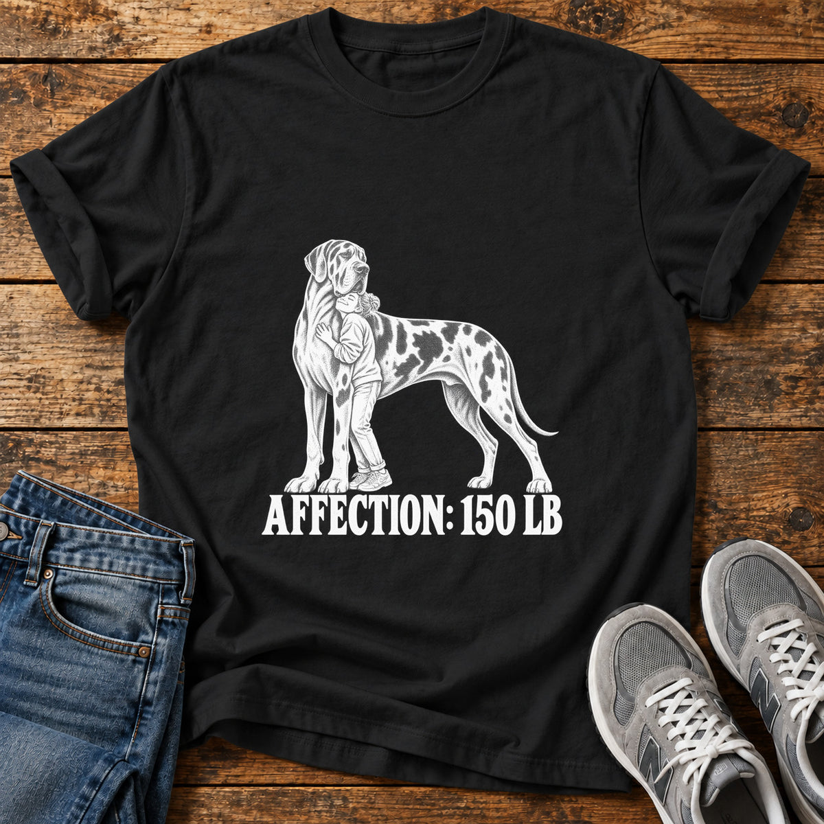 Affection 150LB Great Dane graphic T-shirt in Black, shown on a flat-lay shirt mockup