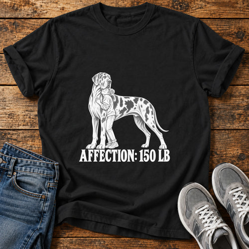 Affection 150LB Great Dane graphic T-shirt in Black, shown on a flat-lay shirt mockup