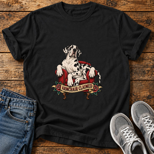 Armchair Claimed Great Dane graphic T-shirt in Black, shown on a flat-lay shirt mockup