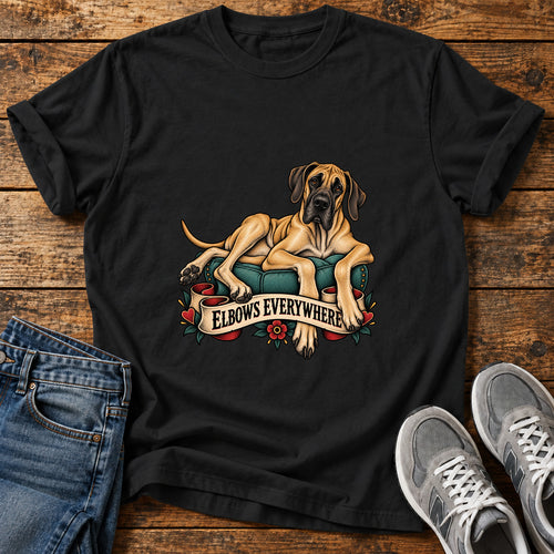 Elbows Everywhere Great Dane graphic T-shirt in Black, shown on a flat-lay shirt mockup