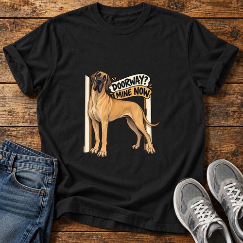 Doorway Takeover Great Dane graphic T-shirt in Black, shown on a flat-lay shirt mockup