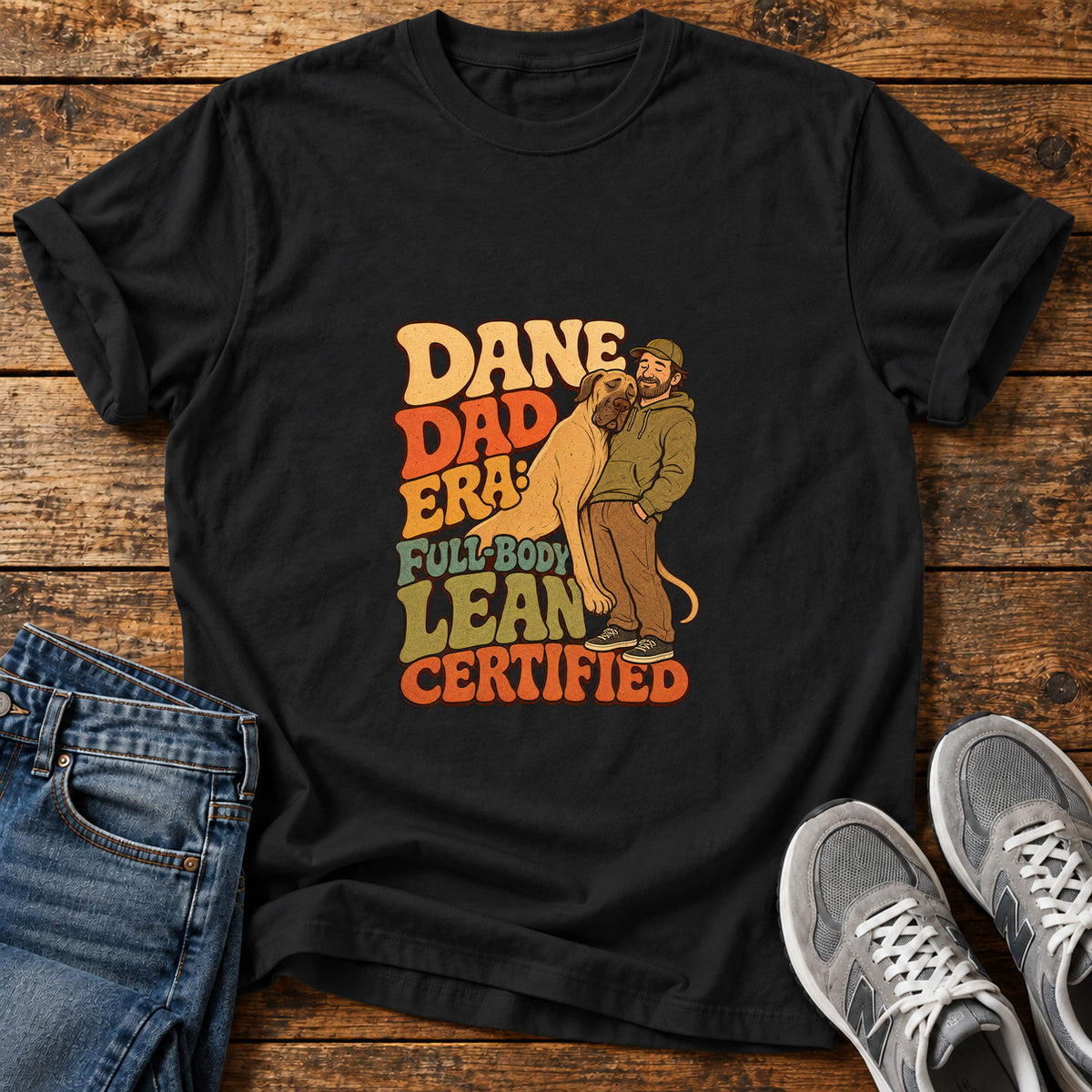Dane Dad Certified Great Dane graphic T-shirt in Black, shown on a flat-lay shirt mockup