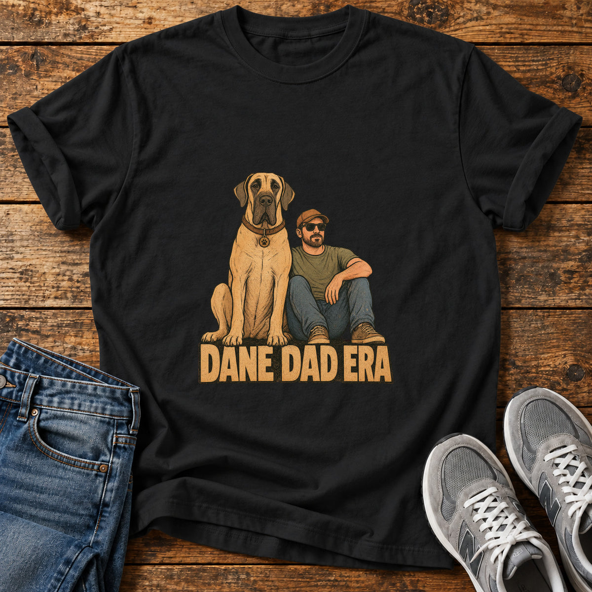 Dane Dad Era Great Dane graphic T-shirt in Black, shown on a flat-lay shirt mockup