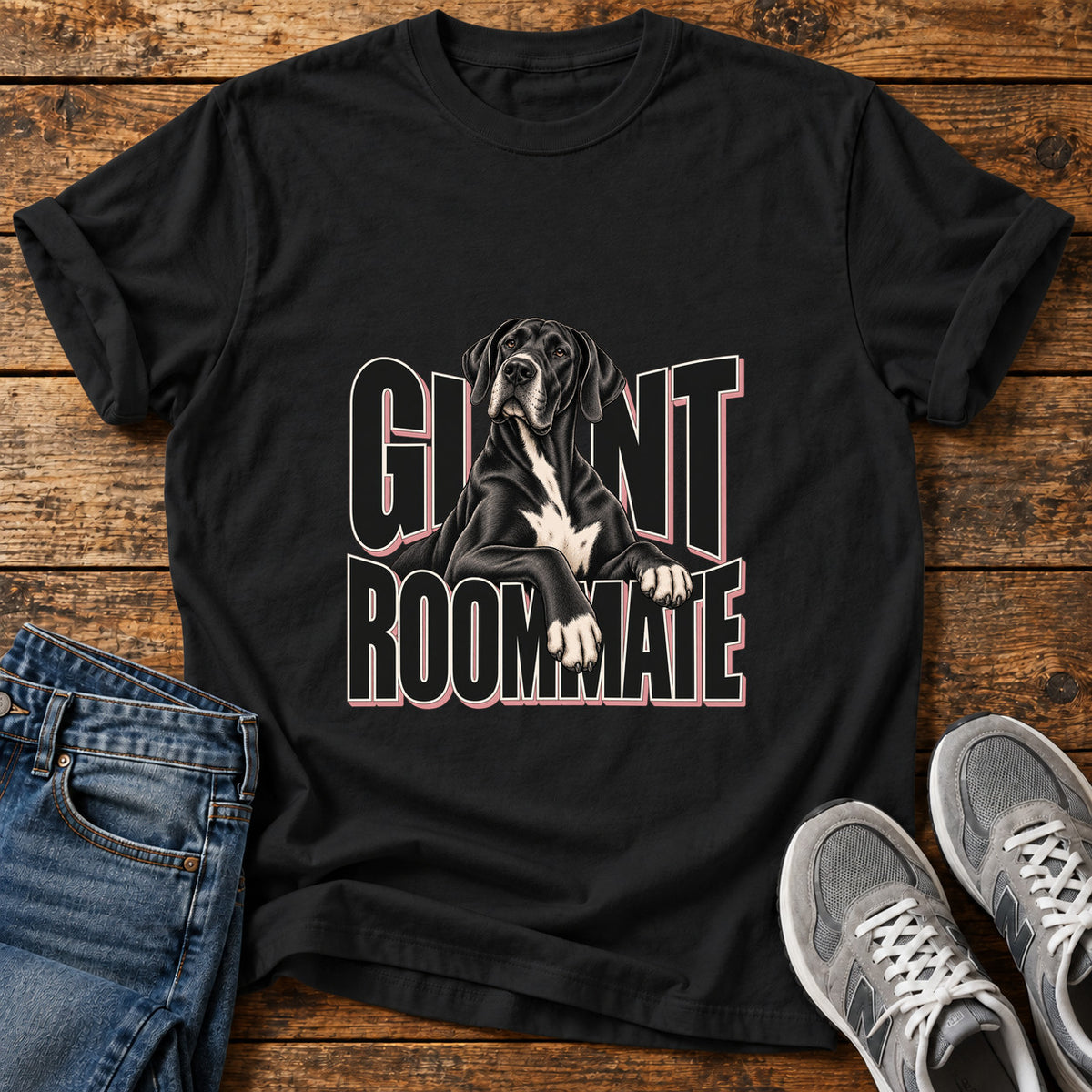 Giant Roommate Great Dane graphic T-shirt in Black, shown on a flat-lay shirt mockup