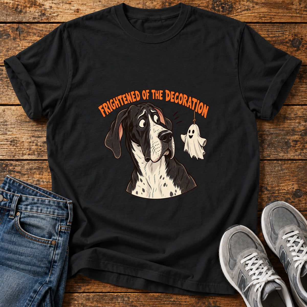 Frightened Decoration Great Dane graphic T-shirt in Black, shown on a flat-lay shirt mockup
