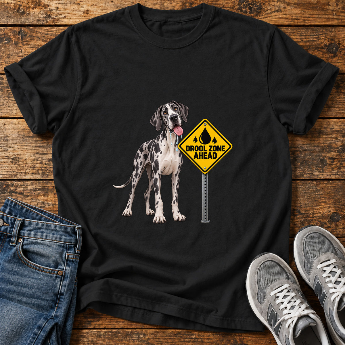 Drool Zone Ahead Great Dane graphic T-shirt in Black, shown on a flat-lay shirt mockup