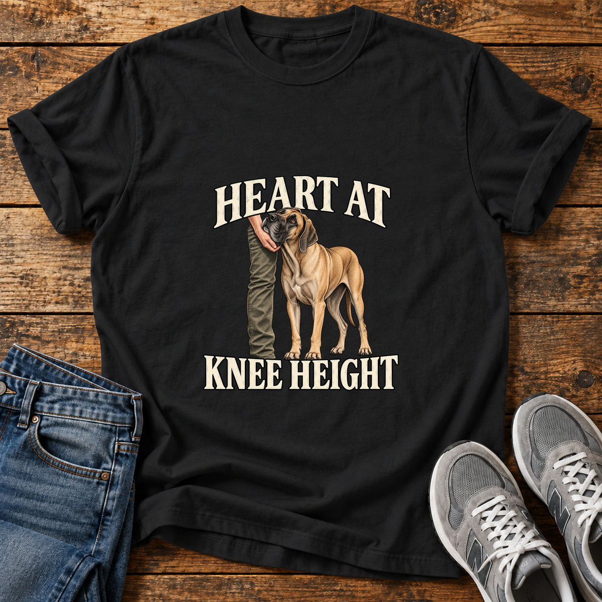 Heart at Knee Great Dane graphic T-shirt in Black, shown on a flat-lay shirt mockup