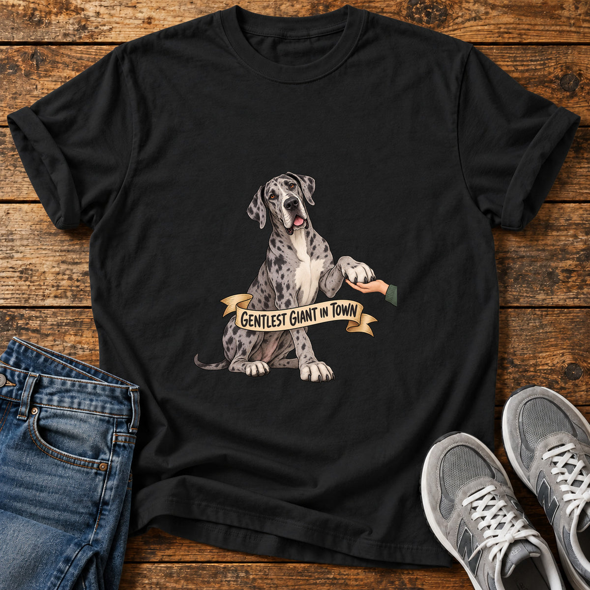 Gentlest Giant Great Dane graphic T-shirt in Black, shown on a flat-lay shirt mockup