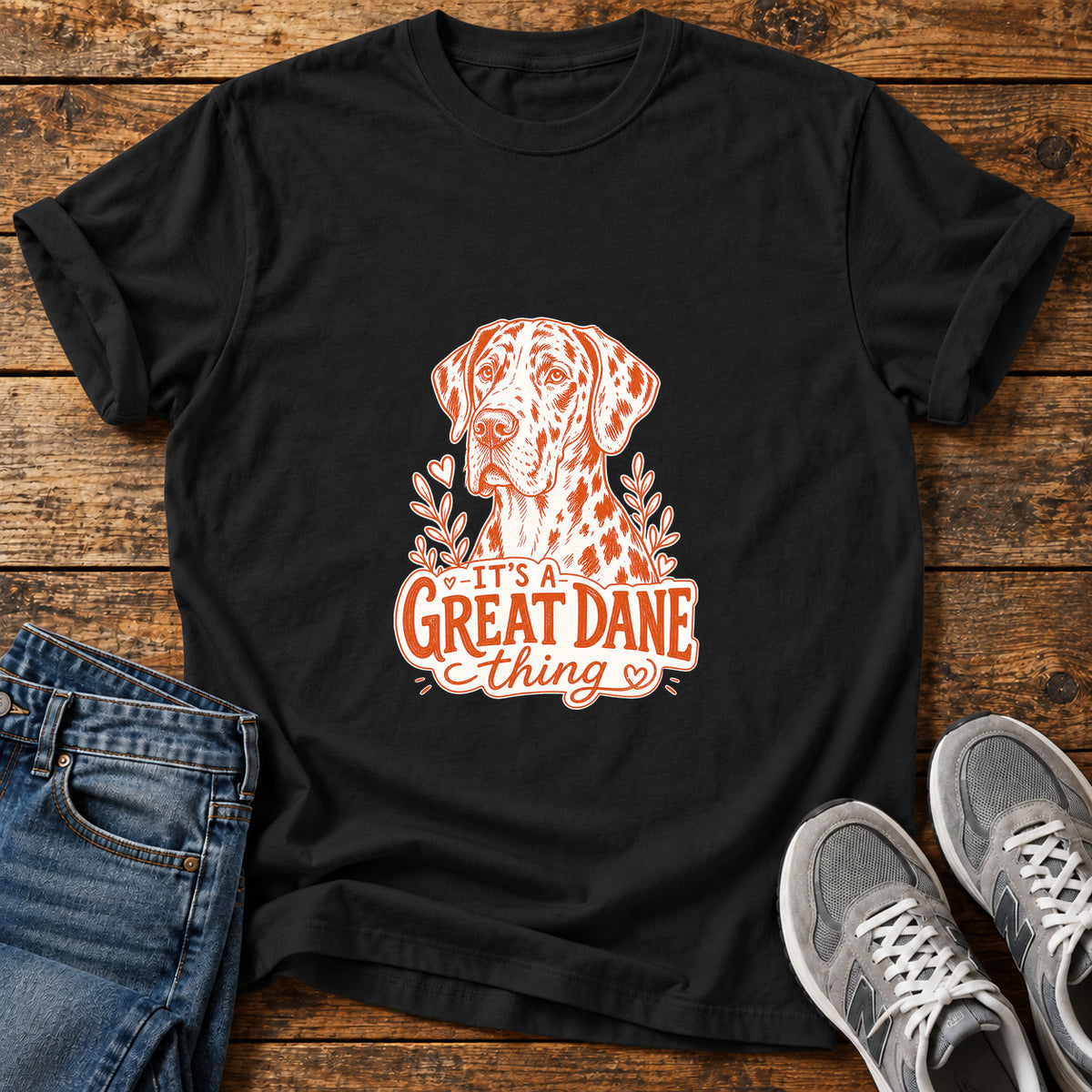 Great Dane Thing graphic T-shirt in Black, shown on a flat-lay shirt mockup