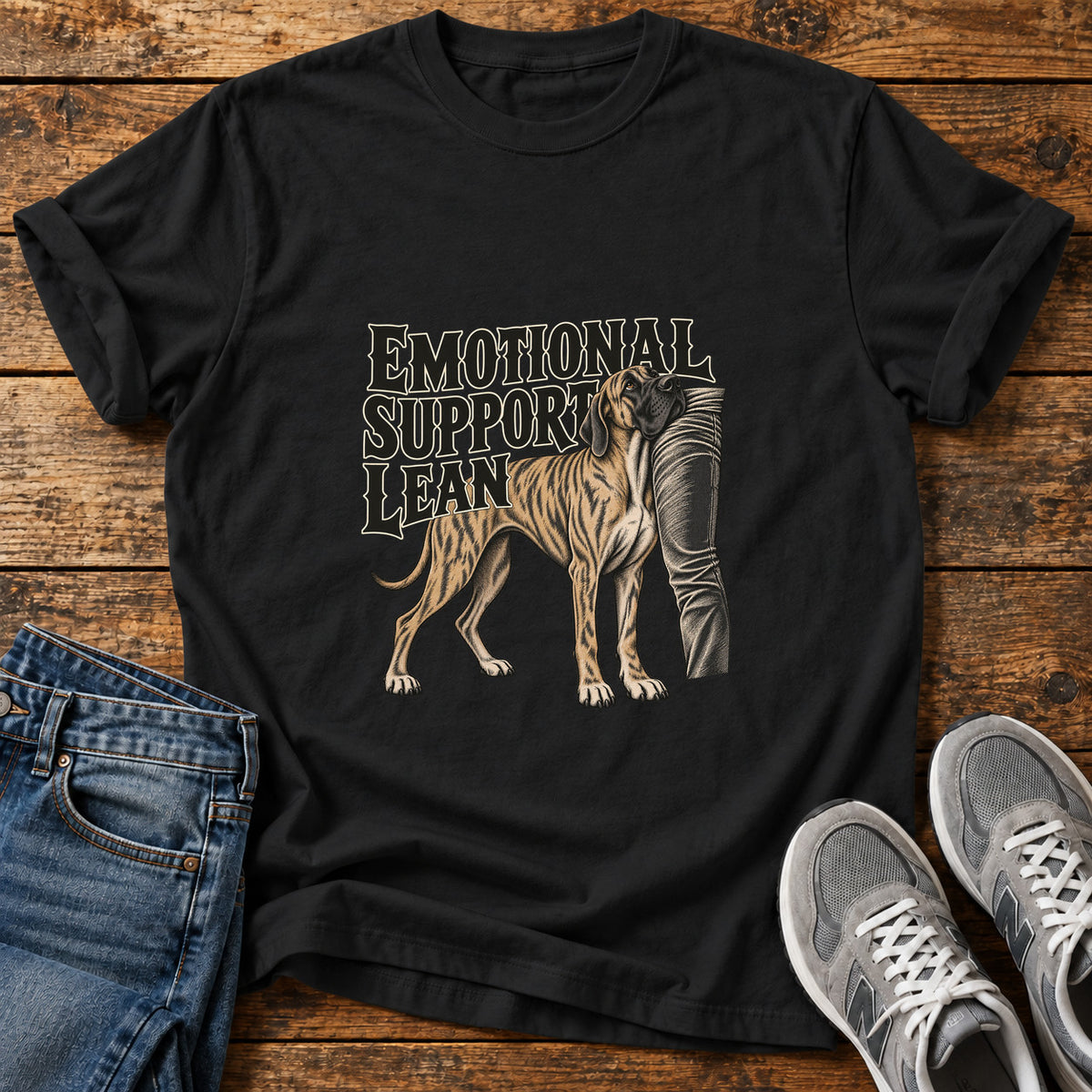 Emotional Support Lean Great Dane graphic T-shirt in Black, shown on a flat-lay shirt mockup
