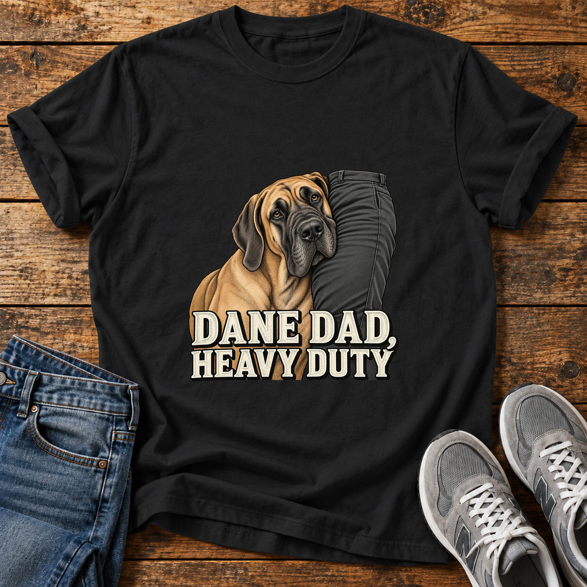 Dane Dad Duty Great Dane graphic T-shirt in Black, shown on a flat-lay shirt mockup