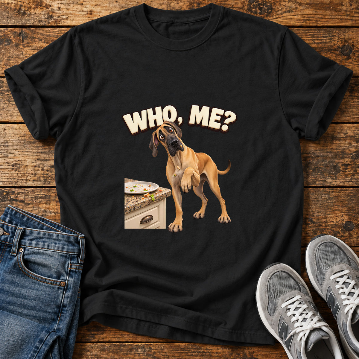 Who Me Great Dane graphic T-shirt in Black, shown on a flat-lay shirt mockup