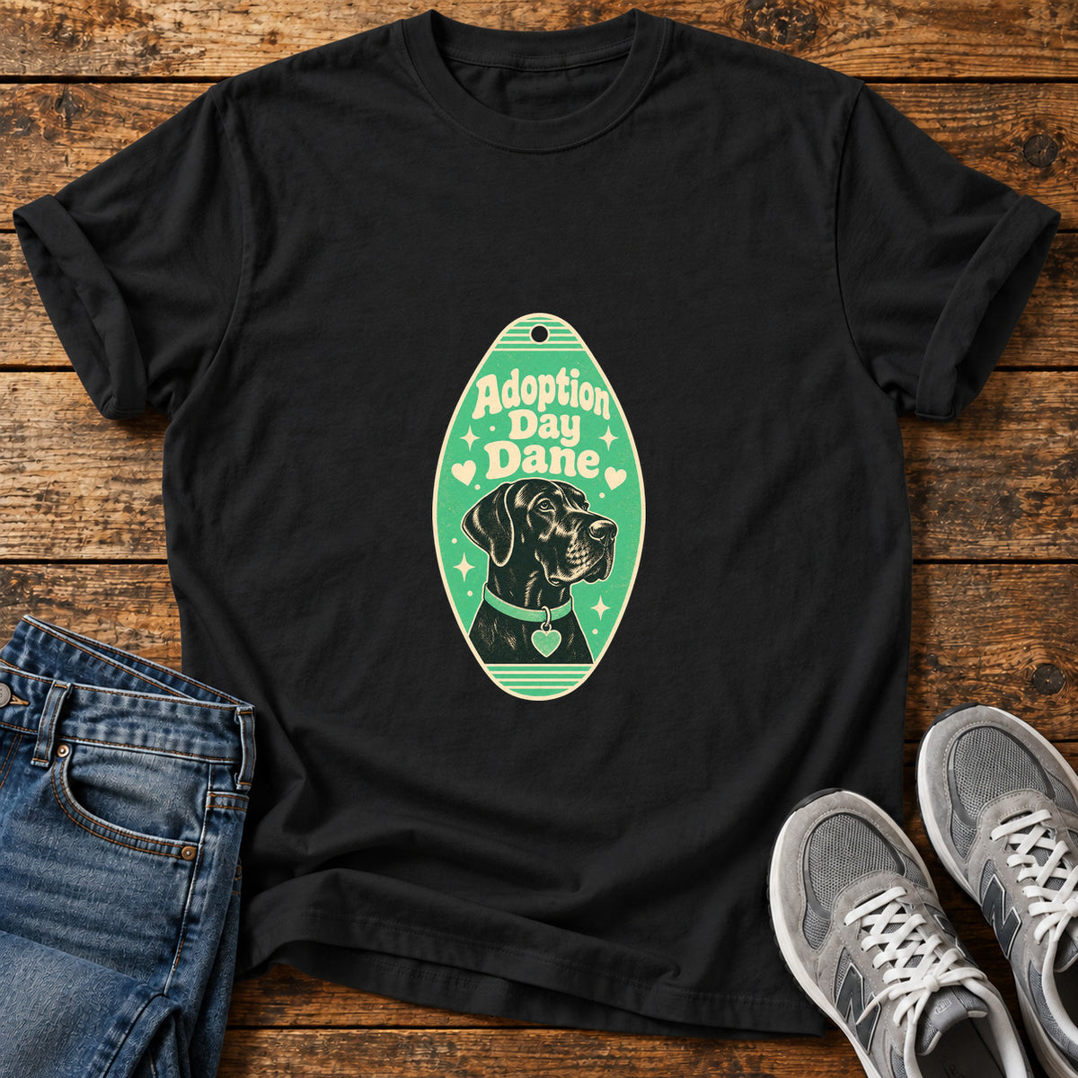 Adoption Day Dane Great Dane graphic T-shirt in Black, shown on a flat-lay shirt mockup