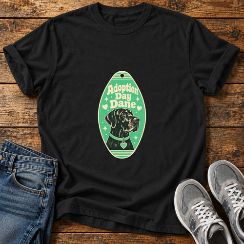 Adoption Day Dane Great Dane graphic T-shirt in Black, shown on a flat-lay shirt mockup
