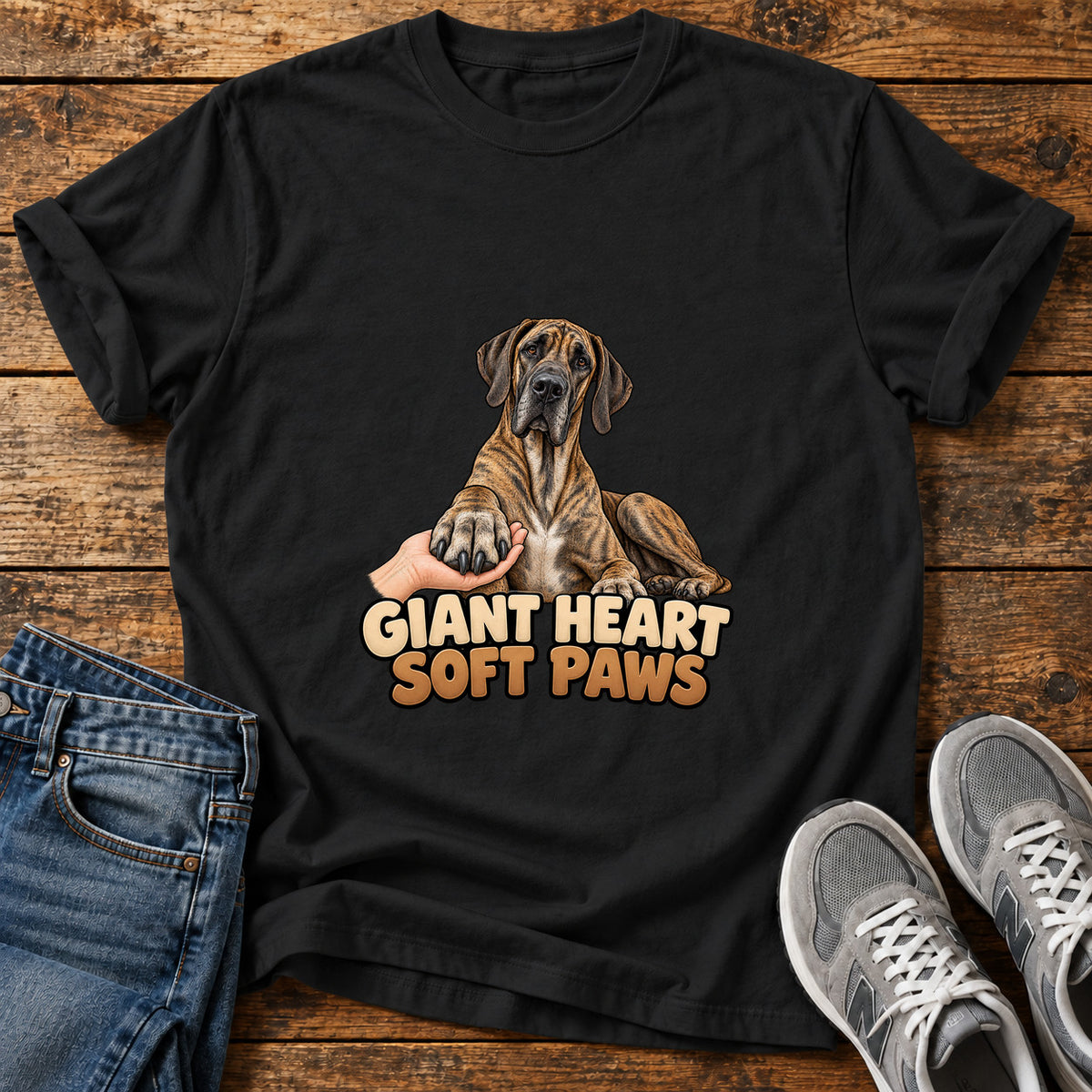 Giant Heart Great Dane graphic T-shirt in Black, shown on a flat-lay shirt mockup