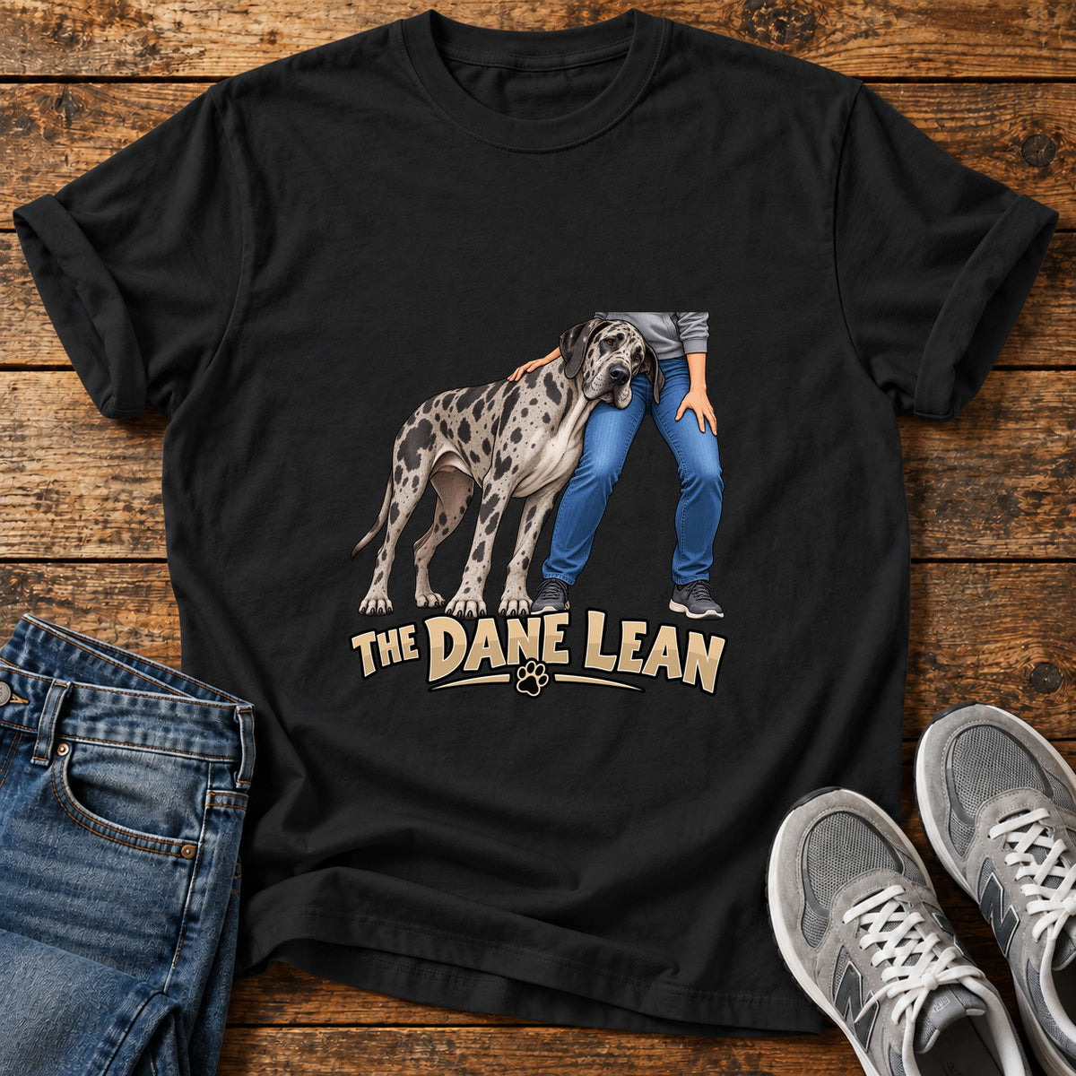 The Dane Lean Great Dane graphic T-shirt in Black, shown on a flat-lay shirt mockup