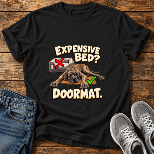 Doormat Doggo Great Dane graphic T-shirt in Black, shown on a flat-lay shirt mockup