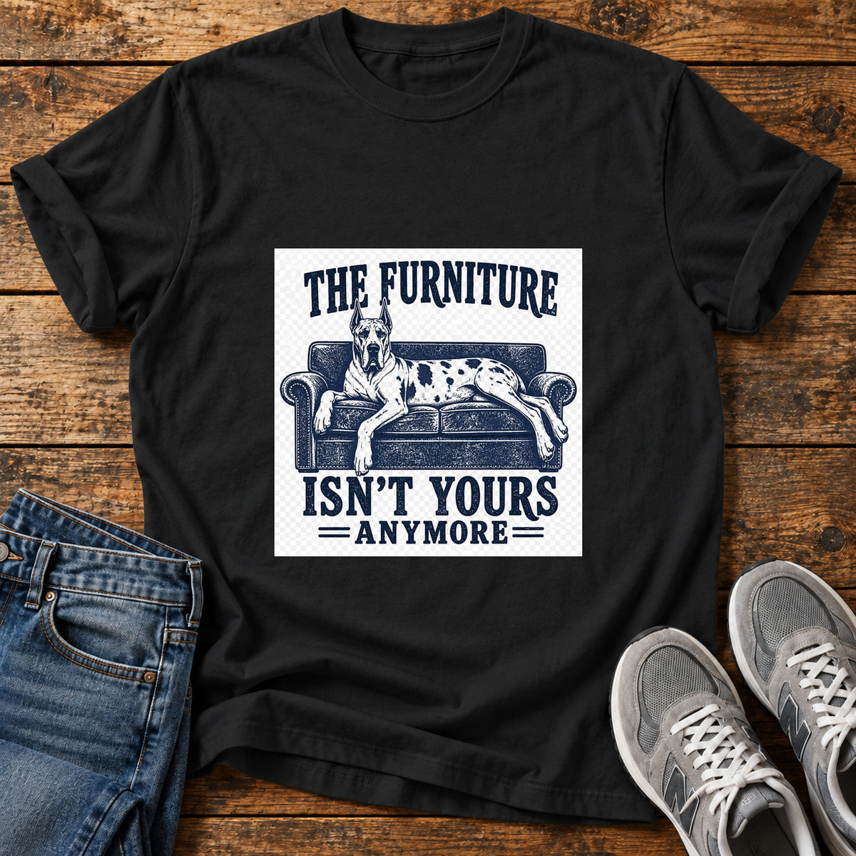Furniture Takeover Great Dane graphic T-shirt in Black, shown on a flat-lay shirt mockup