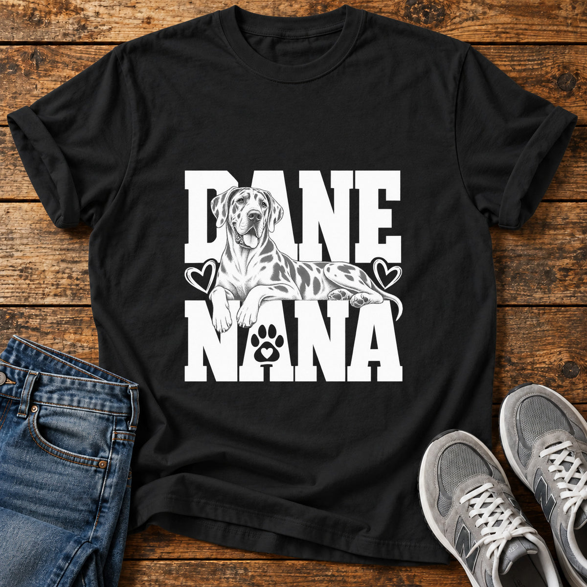 Dane Nana Great Dane graphic T-shirt in Black, shown on a flat-lay shirt mockup