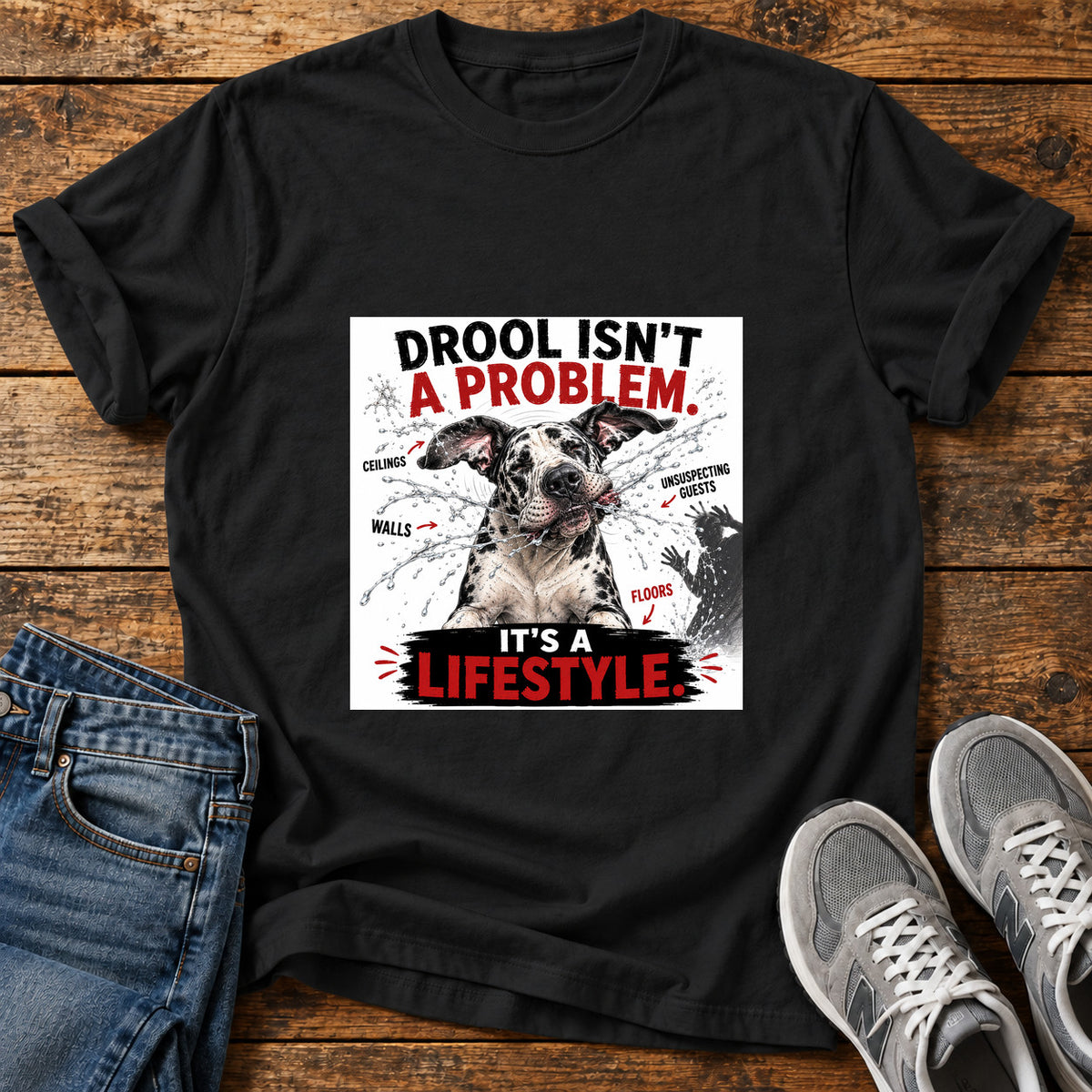 Drool Lifestyle Great Dane graphic T-shirt in Black, shown on a flat-lay shirt mockup