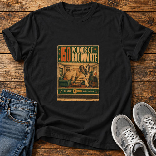 150 Pounds Roommate Great Dane graphic T-shirt in Black, shown on a flat-lay shirt mockup